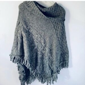 Kenar Gray Wool Blend Cable Knit Cowl Neck Fringed Poncho XL